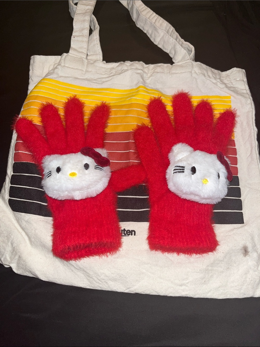 Hello Kitty Red Plush Gloves with White Character Faces